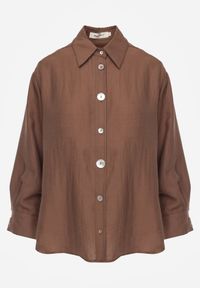 Born2be - Brązowa Koszula Oversize z Wiskozą i Lnem Zdobiona Nieregularnymi Guzikami Inisera. Okazja: do pracy, na co dzień. Typ kołnierza: kołnierzyk klasyczny. Kolor: brązowy. Materiał: wiskoza, len. Długość: długie. Wzór: aplikacja. Styl: elegancki, klasyczny, casual #3