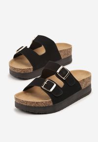 Renee - Czarne Klapki na Platformie z Ozdobnymi Klamrami Dolerria. Okazja: na co dzień. Kolor: czarny. Materiał: jeans. Obcas: na platformie. Styl: casual