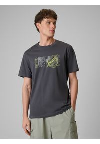 4f - 4F T-shirt regular z nadrukiem męski - szary L. Okazja: na co dzień. Kolor: szary. Materiał: dzianina, bawełna. Wzór: nadruk. Styl: casual #1