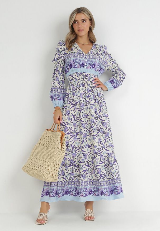 Born2be - Fioletowo-Beżowa Sukienka Boho z Wiskozy Lohine. Kolor: fioletowy. Materiał: wiskoza. Długość rękawa: długi rękaw. Wzór: aplikacja, kwiaty. Styl: boho. Długość: maxi