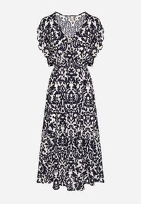 Born2be - Granatowa Bawełniana Sukienka Rozkloszowana z Falbankami w Ornamentalny Wzór Zaliette. Okazja: na co dzień. Typ kołnierza: kołnierz z falbankami. Kolor: niebieski. Materiał: bawełna. Długość rękawa: krótki rękaw. Styl: casual, elegancki #7