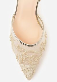 Born2be - Złote Czółenka Siateczkowe na Szpilce Ozdobione Perełkami i Haftami Vilania. Okazja: na co dzień. Zapięcie: pasek. Kolor: złoty. Materiał: satyna. Wzór: haft, aplikacja. Obcas: na szpilce. Styl: casual, klasyczny, elegancki #4