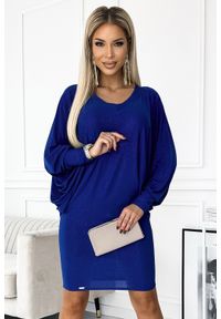 Numoco - Nietoperzowa Sukienka z Brokatem - Chabrowa z brokatem. Kolor: niebieski. Materiał: poliester, elastan #1