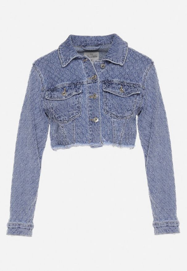 Born2be - Granatowa Jeansowa Kurtka o Krótkim Kroju z Metalowymi Guzikami i Kieszeniami Enipiria. Okazja: na co dzień. Kolor: niebieski. Materiał: jeans. Długość: krótkie. Wzór: aplikacja. Styl: casual