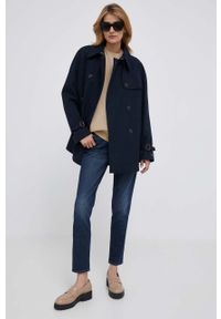 TOMMY HILFIGER - Tommy Hilfiger płaszcz damski kolor granatowy przejściowy dwurzędowy. Kolor: niebieski. Materiał: bawełna. Długość rękawa: raglanowy rękaw #6