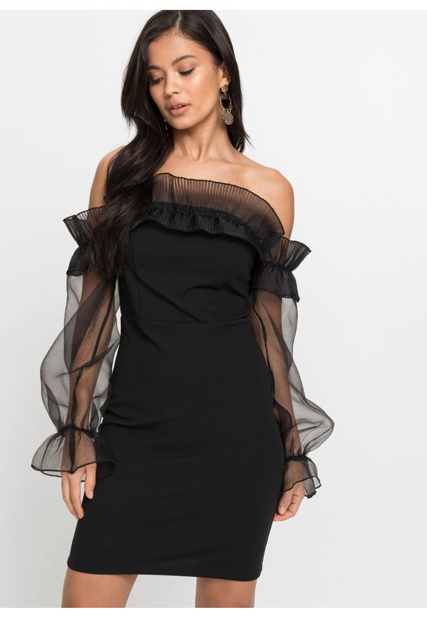 bonprix - Sukienka z dekoltem carmen. Typ kołnierza: typu carmen. Kolor: czarny. Materiał: materiał. Długość: mini