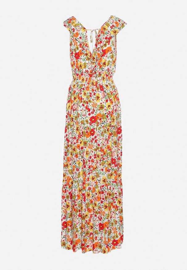 Born2be - Żółto-Czerwona Sukienka Maxi z Trójkątnym Dekoltem i Kwiatowym Motywem z Falbanką Moraila. Typ kołnierza: dekolt w serek. Kolor: żółty. Wzór: kwiaty. Sezon: wiosna, lato. Długość: maxi