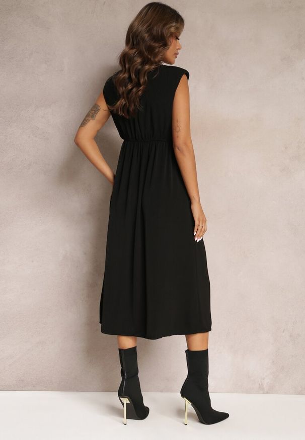 Renee - Czarna Midi Sukienka o Rozkloszowanym Fasonie z Ozdobnym Węzłem i Rozcięciem Zanondia. Kolor: czarny. Wzór: jednolity. Długość: midi