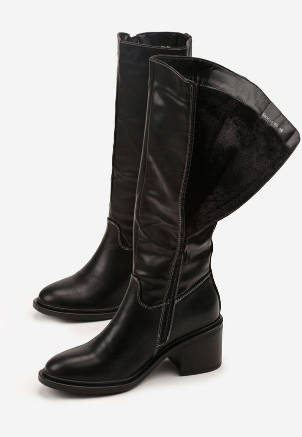 Born2be - Czarne Kozaki Vices na Obcasie w Stylu Oficerek Afurrive. Okazja: na co dzień. Kolor: czarny. Materiał: jeans. Obcas: na obcasie. Styl: casual, elegancki, klasyczny. Wysokość obcasa: średni