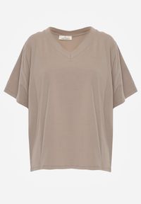 Born2be - Beżowy T-shirt z Bawełny z Trójkątnym Dekoltem Siliphe. Okazja: do pracy, na co dzień, na spotkanie biznesowe. Kolor: beżowy. Materiał: bawełna. Styl: elegancki, biznesowy, casual #2