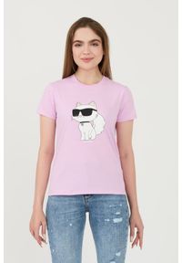 Karl Lagerfeld - KARL LAGERFELD Lawendowy damski t-shirt Ikonik 2.0 Choupette, Rozmiar XS. Kolor: fioletowy