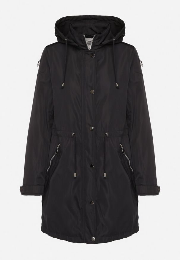 Born2be - Granatowa Kurtka Parka z Odpinanym Kapturem i Troczkami w Talii Fesslora. Okazja: na co dzień, na spacer. Kolor: niebieski. Materiał: jeans, wełna. Długość: długie. Styl: elegancki, casual