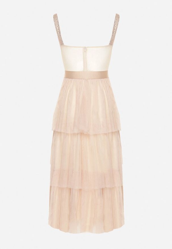 Born2be - Beżowa Sukienka Koktajlowa z Gorsetową Górą Falbanami Cekinami i Kokardą Loralina. Typ kołnierza: kokarda, dekolt gorset. Kolor: beżowy. Długość rękawa: na ramiączkach. Wzór: aplikacja. Typ sukienki: gorsetowe. Styl: wizytowy