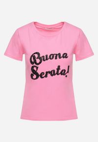 Born2be - Różowy Bawełniany T-shirt z Ozdobnym Napisem z Cyrkonii Tiavalia. Okazja: na co dzień. Kolor: różowy. Materiał: bawełna. Wzór: napisy. Styl: klasyczny, casual, elegancki, wizytowy #4