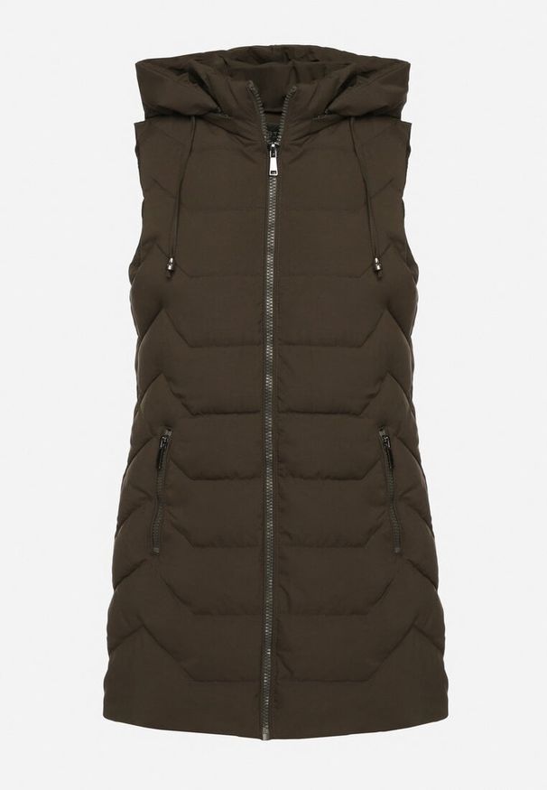 Born2be - Ciemnozielona Pikowana Kamizelka z Odpinanym Kapturem na Suwak Wykończona Sznurkami Zeneria. Okazja: na co dzień. Kolor: zielony. Styl: casual, elegancki