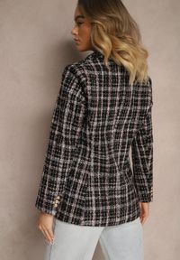 Renee - Czarna Dwurzędowa Marynarka z Błyszczącą Nicią i Poduszkami na Ramionach Elilona. Kolor: czarny. Materiał: dzianina. Długość rękawa: długi rękaw. Długość: długie. Styl: klasyczny