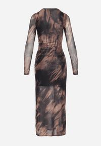 Born2be - Czarno-Beżowa Dopasowana Sukienka Długa z Siateczki z Rozcięciem na Boku Nethys. Kolor: czarny. Materiał: wiskoza. Styl: elegancki. Długość: maxi #2