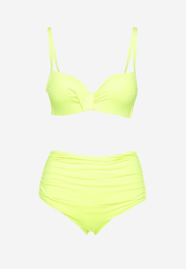 Born2be - Jasnozielone Bikini Biustonosz na Cienkich Regulowanych Ramiączkach Majtki z Wysokim Stanem i Marszczeniem Ninamarie. Stan: podwyższony. Kolor: zielony. Wzór: aplikacja