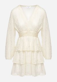 Born2be - Jasnobeżowa Mini Sukienka Rozkloszowana z Metalicznym Nadrukiem i Falbankami Elawnia. Okazja: na imprezę. Typ kołnierza: kołnierz z falbankami. Kolor: beżowy. Wzór: nadruk. Styl: elegancki. Długość: mini #7