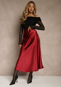 Renee - Bordowa Satynowa Midi Spódnica Rozkloszowana z Gumką w Pasie i Suwakiem Leose. Kolor: czerwony. Materiał: satyna #1