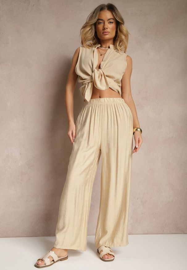 Renee - Beżowe Spodnie Palazzo o Szerokim Kroju High Waist Lislevia. Okazja: na co dzień. Stan: podwyższony. Kolor: beżowy. Styl: elegancki, casual