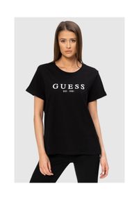 Guess - GUESS Czarny t-shirt damski z białym logo. Kolor: czarny. Materiał: bawełna. Długość rękawa: krótki rękaw. Wzór: nadruk #1