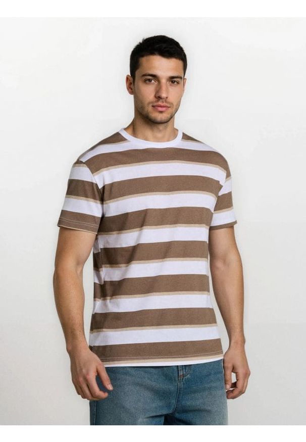 Sinsay - Bawełniana koszulka w paski - brązowy. Kolor: brązowy. Materiał: bawełna. Wzór: paski