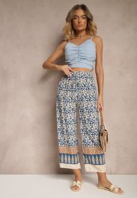 Renee - Niebieskie Spodnie z Bawełny High Waist z Abstrakcyjnym Wzorem Lisathiela. Okazja: na co dzień. Stan: podwyższony. Kolor: niebieski. Materiał: bawełna. Styl: casual #3