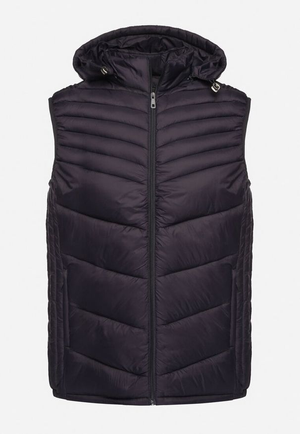 Born2be - Granatowa Kamizelka z Ozdobnym Pikowaniem i Kieszeniami na Suwaki oraz Odpinanym Kapturem Mioratta. Okazja: na co dzień. Kolor: niebieski. Materiał: jeans. Styl: sportowy, klasyczny, elegancki, casual