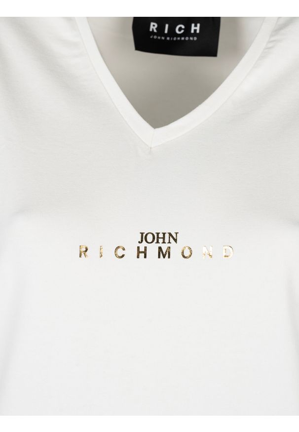 John Richmond T-shirt | HWP25045TS | Kobieta | Biały. Okazja: na co dzień. Typ kołnierza: dekolt w serek. Kolor: biały. Materiał: bawełna, elastan. Wzór: nadruk. Styl: elegancki, casual
