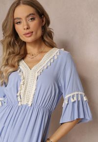 Renee - Niebieska Sukienka Maxi z Gumką w Talii z Ozdobnymi Chwostami z Wiskozy Zisel. Kolor: niebieski. Materiał: wiskoza. Długość: maxi #5