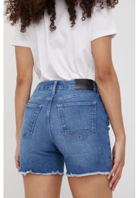 DKNY - Dkny szorty jeansowe damskie gładkie high waist. Okazja: na co dzień. Stan: podwyższony. Kolor: niebieski. Materiał: jeans. Wzór: gładki. Styl: casual