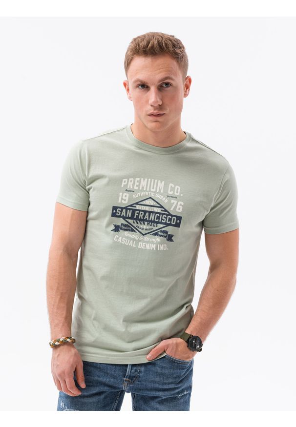 Ombre Clothing - T-shirt męski z nadrukiem S1434 V-20B - zielony - XXL. Kolor: zielony. Materiał: bawełna. Wzór: nadruk. Styl: klasyczny