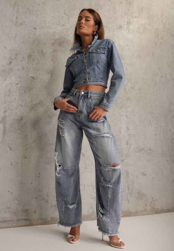 Renee - Niebieskie Jeansy z Bawełny Balloon High Waist z Przedarciami Taeryre. Okazja: na co dzień, na imprezę. Stan: podwyższony. Kolor: niebieski. Styl: casual