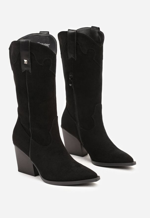 Born2be - Czarne Kozaki Kowbojki na Stożkowym Obcasie z Ozdobnym Przeszyciem Nerilara. Okazja: na co dzień. Kolor: czarny. Materiał: jeans. Obcas: na obcasie. Styl: elegancki, boho, casual. Wysokość obcasa: średni