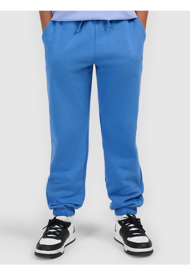 4f - 4F Spodnie dresowe joggery chłopięce - niebieskie 134 (8-9 lat). Okazja: na co dzień, na spacer, na uczelnię. Kolor: niebieski. Materiał: dresówka. Sezon: lato. Styl: casual, sportowy