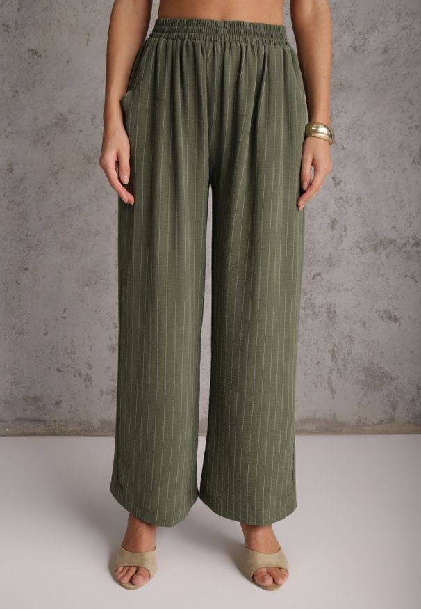 Renee - Ciemnozielony Komplet z Wiskozy Spodnie Wide Leg i Koszula Bez Rękawów z Paskiem Adduin. Kolor: zielony. Materiał: wiskoza