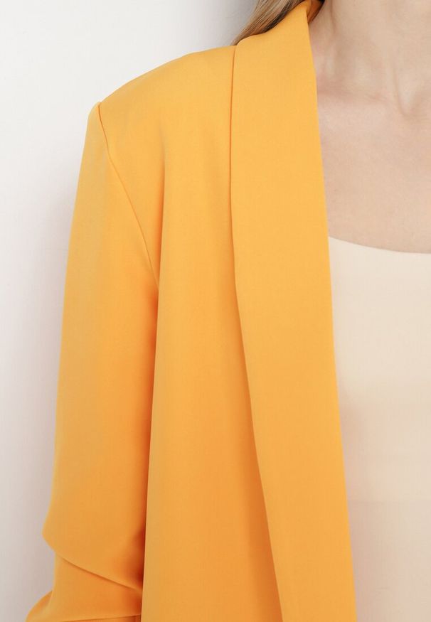 Born2be - Pomarańczowa Marynarka Bez Zapięć z Ozdobnym Marszczeniem i Imitacją Kieszeni Phelotis. Okazja: na spotkanie biznesowe, do pracy, na co dzień. Kolor: pomarańczowy. Materiał: jeans, tkanina. Wzór: aplikacja, gładki, jednolity. Styl: elegancki, casual, biznesowy