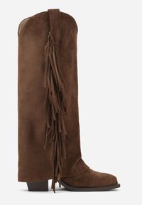 Renee - Brązowe Kozaki Kowbojki na Stożku z Cholewką Imitującą Nogawkę z Frędzlami Monettea. Kolor: brązowy. Materiał: jeans. Szerokość cholewki: normalna. Obcas: na stożku #7