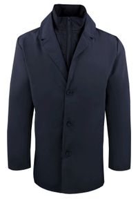 Krótki, Męski Płaszcz Przejściowy z Wysokim Kołnierzem - Brave Soul - Granatowy. Kolor: niebieski. Materiał: poliester. Długość: krótkie. Sezon: wiosna, jesień #1