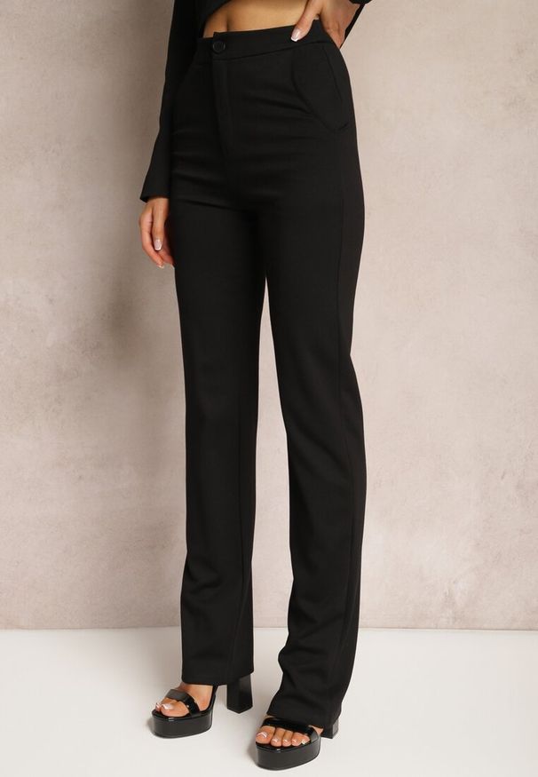 Renee - Czarne Spodnie Szerokie Tanora. Kolekcja: dla wysokich. Kolor: czarny. Materiał: tkanina. Długość: długie. Wzór: aplikacja, jednolity, gładki