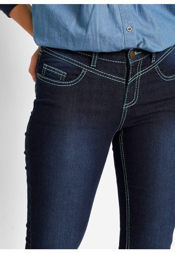bonprix - Dżinsy Skinny Mid Waist, kontrastowe szwy. Kolor: niebieski
