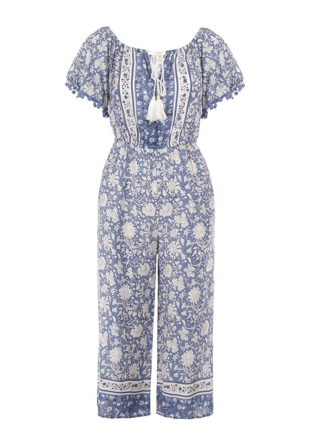 Born2be - Niebieski Kombinezon Hesonia. Kolor: niebieski. Długość rękawa: krótki rękaw. Długość: krótkie. Wzór: aplikacja, ażurowy, kwiaty. Styl: boho, wakacyjny