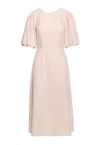 Stylove - Elegancka sukienka koktajlowa z bufiastymi rękawami kremowa. Okazja: na wesele, na imprezę, na ślub cywilny. Kolor: kremowy. Materiał: materiał, elastan. Długość rękawa: krótki rękaw. Sezon: lato. Typ sukienki: rozkloszowane. Styl: wizytowy, elegancki. Długość: midi #3