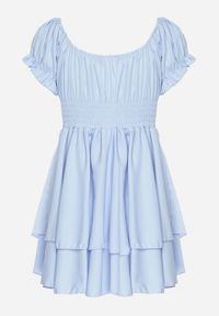 Born2be - Jasnoniebieska Sukienka z Bawełną Bufiastymi Rękawami i Falbankami Maveleira. Typ kołnierza: kołnierz z falbankami. Kolor: niebieski. Materiał: bawełna. Styl: elegancki #3