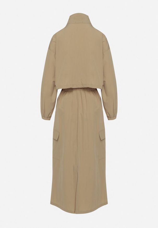 Born2be - Ciemnobeżowy Komplet Casualowy Bluza z Suwakiem i Stójką oraz Spódnica z Kieszeniami Hettora. Kolor: beżowy