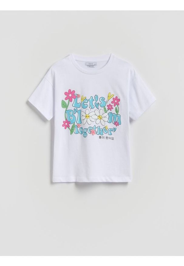 Reserved - Luźny t-shirt z nadrukiem - złamana biel. Materiał: bawełna. Wzór: nadruk