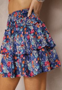 Renee - Granatowa Rozkloszowana Spódnica Mini z Falbankami w Kwiatowy Wzór Velinia. Kolor: niebieski. Wzór: kwiaty #2
