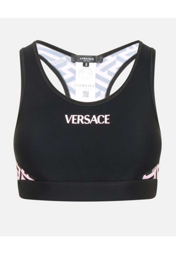 VERSACE - Sportowy top z różowym wzorem Greca. Kolor: czarny. Materiał: materiał. Długość rękawa: na ramiączkach. Styl: sportowy