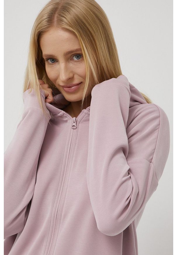 4f - 4F bluza dresowa damska kolor różowy z kapturem gładka. Typ kołnierza: kaptur. Kolor: różowy. Materiał: dresówka. Wzór: gładki